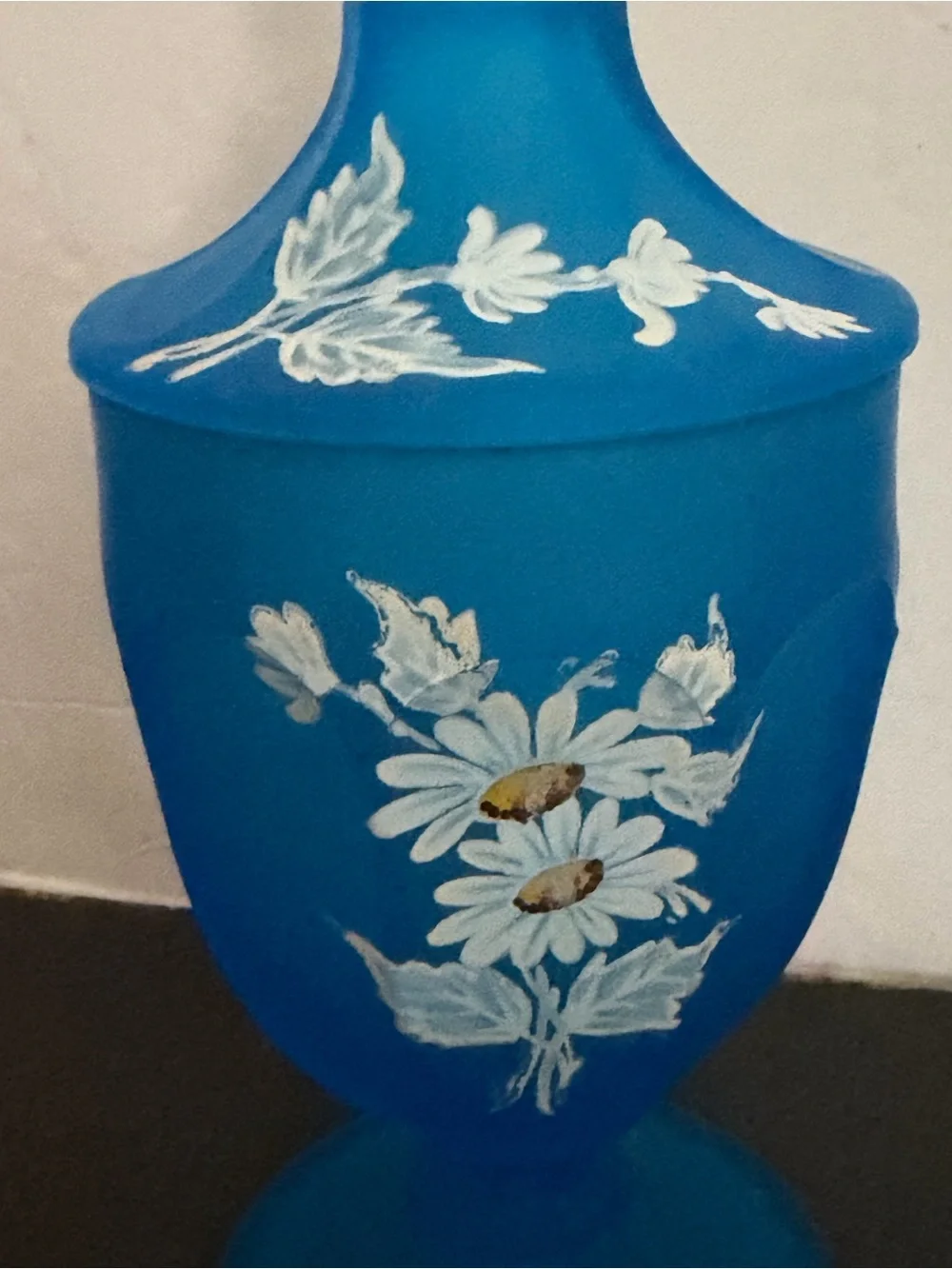 Blue Frosted Glass Apothecary Jar Lidded Hand-Painted White Daisies WESTMORELAND